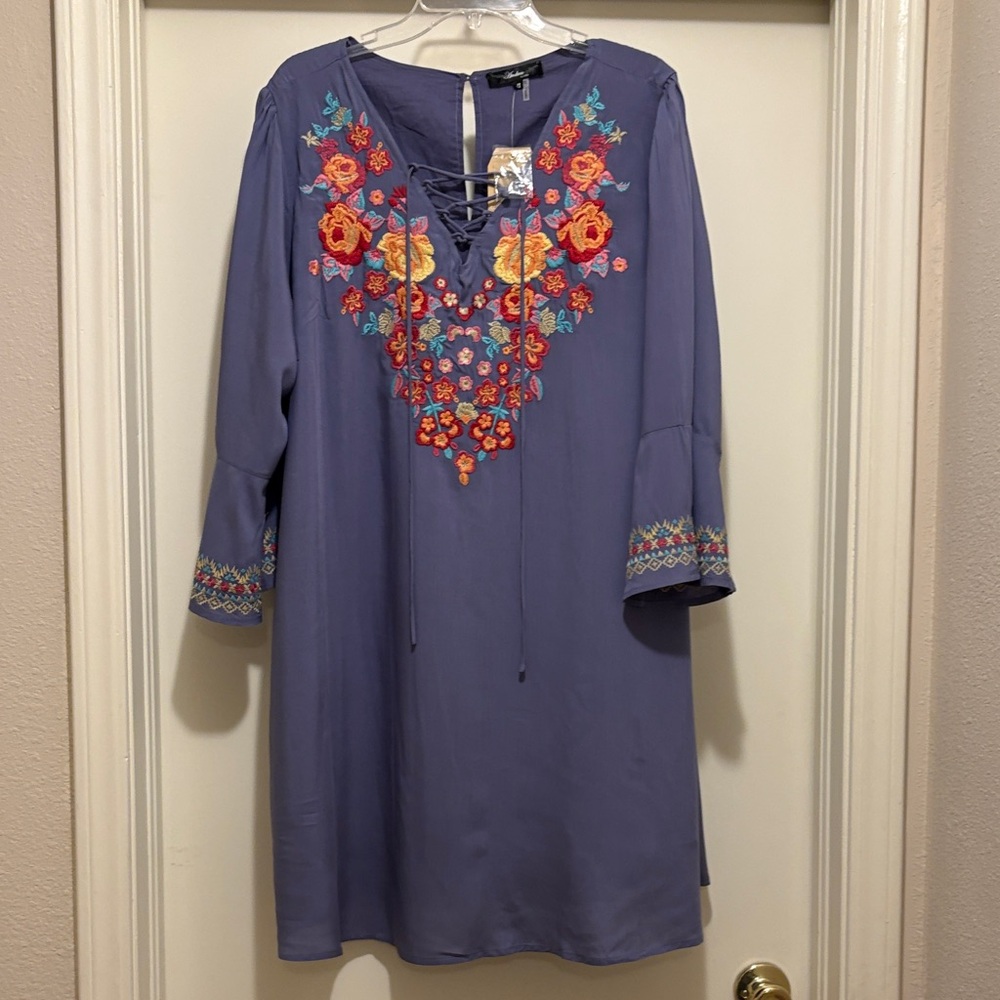 Andree Purple Dress with Colorful Floral Embroidery